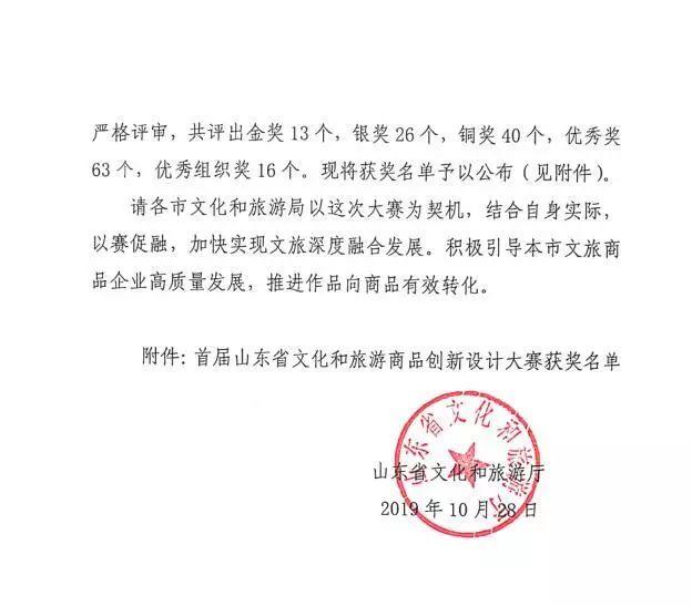 关于公布首届山东省文化和旅游商品创新设计大赛结果的通知